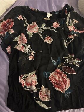 NAIF Black Blouse with Pink Rose Print